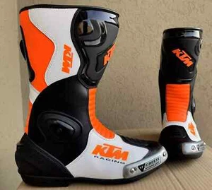KTM Racing Motorbike Leather Boots MOTOGP Motorcycle Mens Leather Riding Boots - Picture 1 of 2