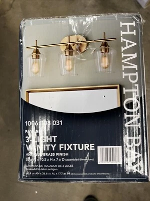 HAMPTON BAY Pavlen 24 pol. Luminária de vaidade de latão antiga com 3 luzes de vidro transparente - Imagem 1 de 2