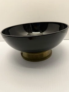 Midcentury footed Bowl Black-Amethyst Glass metal base footed 11”Wide Retro - Picture 1 of 4