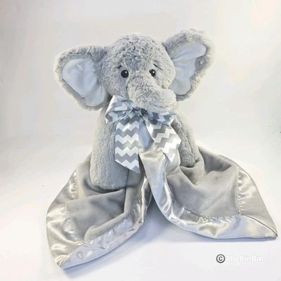 Bearington Baby Gray ELEPHANT 14" Lovey Baby Security Blanket Chevron Ribbon - Image 1 of 4