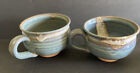 2 Huge Studio Pottery Abstract Coffee Mugs Cups Pottery Abstract Blues & Tans