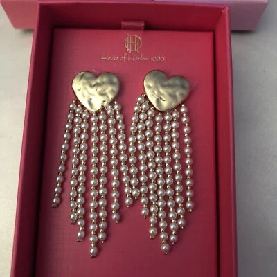 House Of Harlow 1960 Gold Tone Heart & Faux Pearl Fringe Drop Earrings NIB - Image 1 of 4