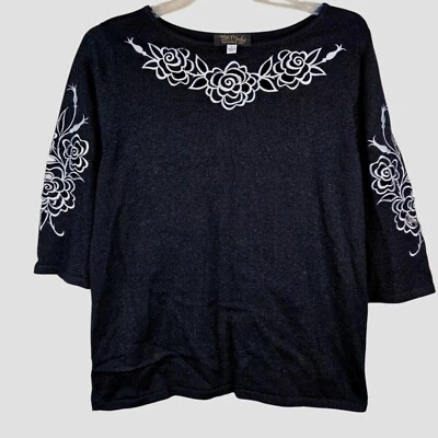 Bob Mackie Women's Top Sz L Black Embroidered White Floral Cutout Metallic - Image 1 of 4