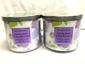 Bath & Body Works (2) SPRING PLUM & BLACKBERRIES 3 Wick 14.5 oz Candle TWO! - Picture 1 of 2