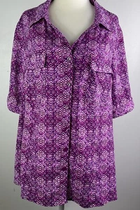 Catherines Purple Blouse 0XP 14/16 P Full Button All Over Print Short Sleeve - Picture 1 of 12