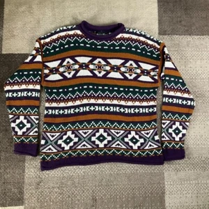 Boca Bleu Vintage Fair Isle Sweater Aztec Knit Pullover Purple Green Mens M - Picture 1 of 6