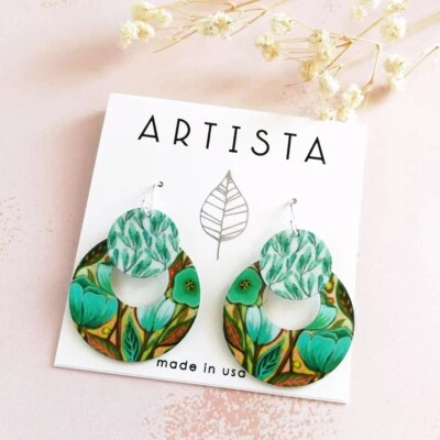 Pendientes Artista Disco Flor Tulipán Verde y Círculo Grande Ligeros Únicos Foto 1 de 3