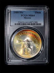 PCGS MS64 1980 Mo Mexico Silver Onza - Rainbow toning!! - Picture 1 of 4