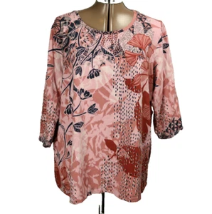 CJ Banks Stretch-Cotton Floral Print Tee Shirt 3/4 Sleeve Pink & Blue 2X - Picture 1 of 24