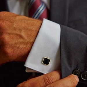 Square Shape Black Onyx Gemstone in Yellow Gold Plated Cufflinks For Men's Gift - Picture 1 of 7