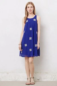 ANTHROPOLOGIE LEIFSDOTTIR AMAPOLA SWING DRESS BLUE WHITE SEQUIN SHIFT 10 6 38 - Picture 1 of 4