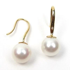 8-8.5mm AAA Genuine White Pearl Hook Earrings in 14K Yellow Gold & Diamonds - Picture 1 of 3