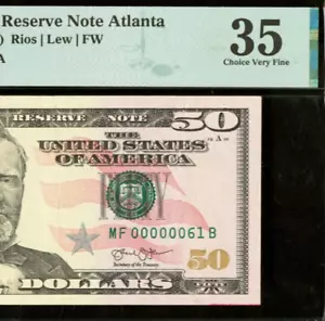 2013 $50 Federal Reserve Note PMG 35 - Birthday - Low Serial Number 00000061 - Picture 1 of 3