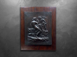 Klassische antike Kupfer Bas Relief Plakette Cherub und Mädchen Frau - Bild 1 von 5