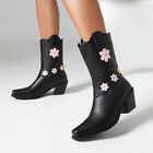 Square Toe Womens Chunky Heels Riding Ankle Boots Florals Pull On Cowboy Shoes