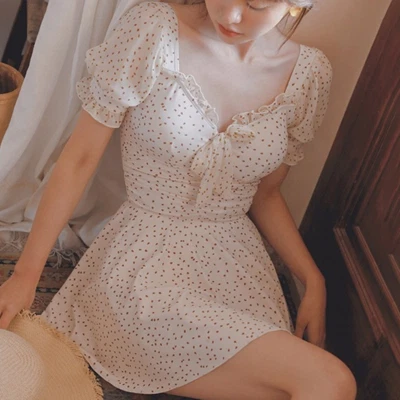 Mujeres Sexy Traje de Baño Traje de Baño Manga Abullonada Vestido de Natación Lunares Una Pieza Vendaje Foto 1 de 4