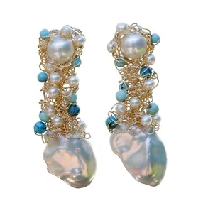 White Baroque freshwater pearl Turquoise Earring stud 14KGF Original works AAA - Picture 1 of 12
