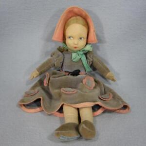 Norah Wellings Blonde Doll Cloth and Felt  with Floral Dress & Pink Bonnet