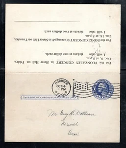Historia postal 1911 UY5, enviado Norwich a Norwich, Connecticut con tarjeta de respuesta 14 de octubre de 1911 - Imagen 1 de 2