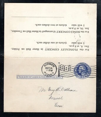 Postal History 1911 UY5, sent Norwich to Norwich, Conn w/reply card Oct 14, 1911 - Image 1 of 2