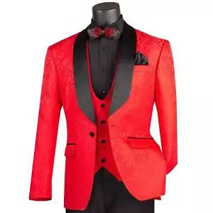 BIG & TALL Men's Red Jacquard 3 Piece Slim Fit Tuxedo Wedding Suit NWT - Picture 1 of 4