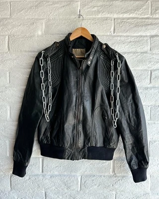 Винтажный 1980-х Bermans кожаная куртка черный мужской M гонщик мотоциклиста гранж - Изображение 1 из 4
