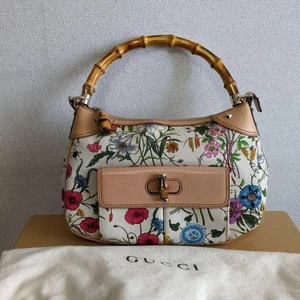 GUCCI Bamboo Top Handle Bag Flora Print Canvas White Beige Leather 137383 2507TY - Picture 1 of 13