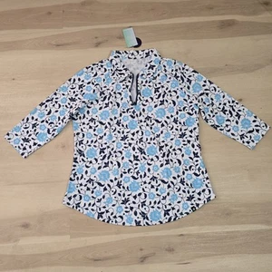 Soneven Light Blue Floral Quarter-zip 3/4 Sleeve Golf Polo Soft Shirt Women XL - Picture 1 of 11