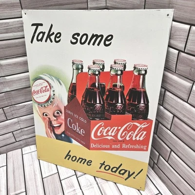 Coca-Cola Metal Retro Style Advertise Sign Boy Take Some Home Today 6 Pack Coke - Image 1 of 4