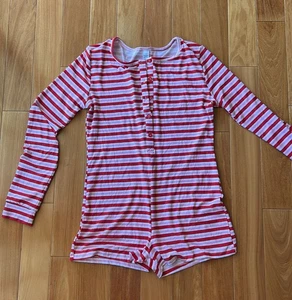 Damen Einteiler Pyjama Strampler Größe L rot weiß gestreift Langarm - Bild 1 von 3