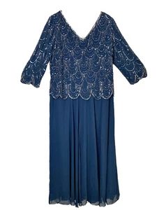 J Kara Women's Plus Size 16W Scallop Beaded Sequin 3/4 Sleeve Gown Dress Navy - Picture 1 of 24