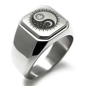 Stainless Steel Sun & Moon Design Yin Yang Mens Square Biker Style Signet Ring - Picture 1 of 4