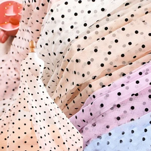 11 Colors Flocked Black Polka Dot Mesh Fabric For DIY Design Wedding Gown Dress - Picture 1 of 18