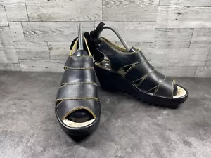 Fly London Sandals Women 5.5M Yown Rug Shoes Black Leather Wedge Lace Up Straps - Picture 1 of 20