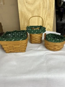 Vtg. 90’s Longaberger Green Floral 3 Baskets Both Fabric And Plastic Liners (TT) - Picture 1 of 11