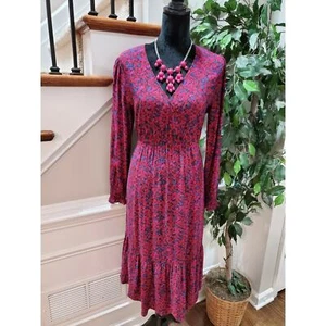 Gap Women Red Floral 100% Rayon Long Sleeve V-Neck Knee Length Dress Size Small - Picture 1 of 11
