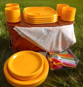 Antique Wov N Wood Picnic Basket & Vintage Melamine Ingrid Chicago Dish Set MCM - Picture 1 of 20