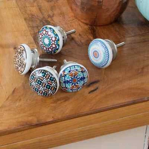 6er SET - Möbelknopf Bunt Porzellan Keramik  Montur Silber Shabby 40mm - Bild 1 von 41