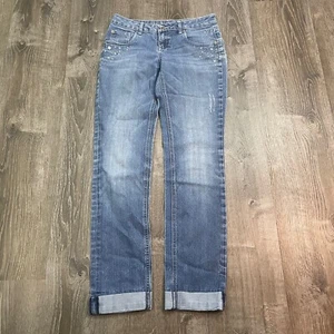 Justice Girls Jeans Denim Simply Low Medium Wash Roll Cuffed Studded Size 18 Reg - Picture 1 of 4