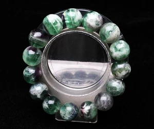 14.2mm Natural Watermelon Feather Fluorite Quartz Gemstone Round Beads Bracelet - Picture 1 of 6