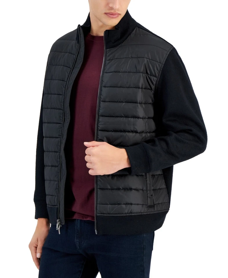 Alfani 男式混合媒体绗缝轰炸机夹克黑色 XL 码全拉链闭合 — 第 1/1 张图片