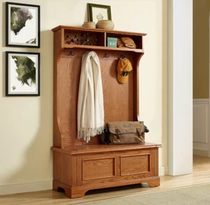 Entryway Hall Tree Bench Coat Rack Storage Stand 4-Hooks Hat Scarf Solid Wood - Picture 1 of 7