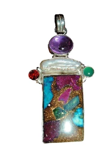 STERLING & GEMSTONE PENDANT OBLONG MULTI COLORED STONES - Picture 1 of 7