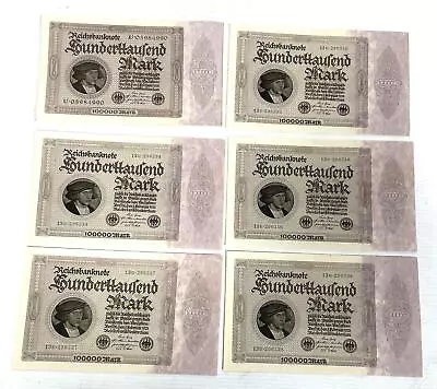Lot of 6 1923 Series Reichsbanknote 100000 Mark German Inflation Currency Notes - Image 1 of 2