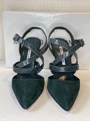 NIB Vintage Manolo Blahnik “Pitina” Green Suede Strappy Heels, Sz 39.5 - Изображение 1 из 4