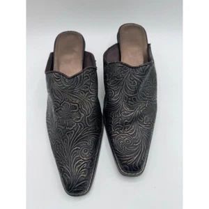 Western Style Tooled Faux Leather Mules Pointed Toe Slide-On Heels Size 8 - Picture 1 of 7
