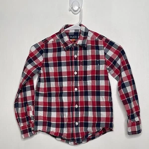 Children’s Place Button Up Short Boys Size Medium 7-8 Red Plaid Long Sleeve - Picture 1 of 4