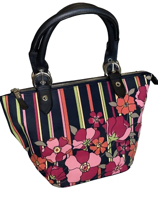 Talbots 黑色红色花卉条纹手提包钱包棉帆布单肩包拉链复古 — 第 1/4 张图片