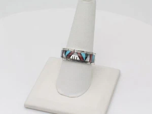 Native American Zuni Handmade Sterling Silver Multi-Stone Ring Size 9.5 - Picture 1 of 8