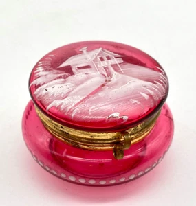 Antike Cranberry Glass Patch Box Deckeldose Dose Schmuckschatulle Schnee Malerei - Bild 1 von 8